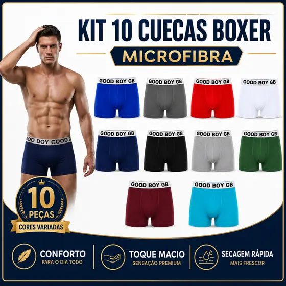 Kit 10 Cuecas Boxer Masculina Microfibra com Forro 100% Algodão Elástico Prata Frete Grátis