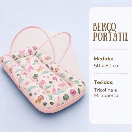Ninho Berço Portátil com Mosqueteiro colchonete bebê Linha Safari
