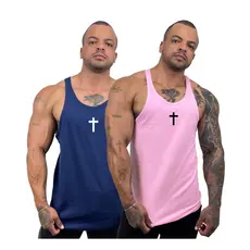 Kit com 2 Regatas Cavada Masculina em Algodão Estampa Cruz Azul Marinho + Cores- Bombey