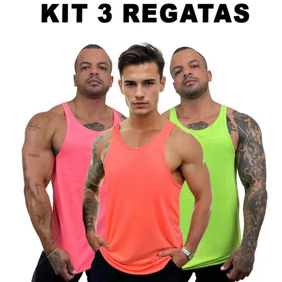 Kit com 3 Regatas Cavadas Masculinas Cores NEON sem estampa regata básica Academia Esportes Bombey