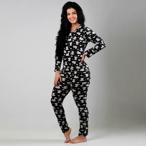 Pijama Feminino Longo Estampado Sem Botão Manga Longa Confortável Suede Calça comprida