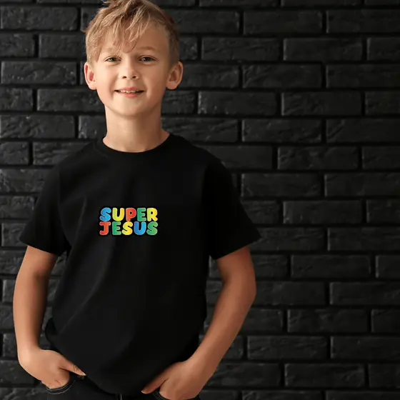 Camiseta Cristã Infantil Super Jesus Blusa Evangélica Kids 100% Algodão Menino Menina Igreja