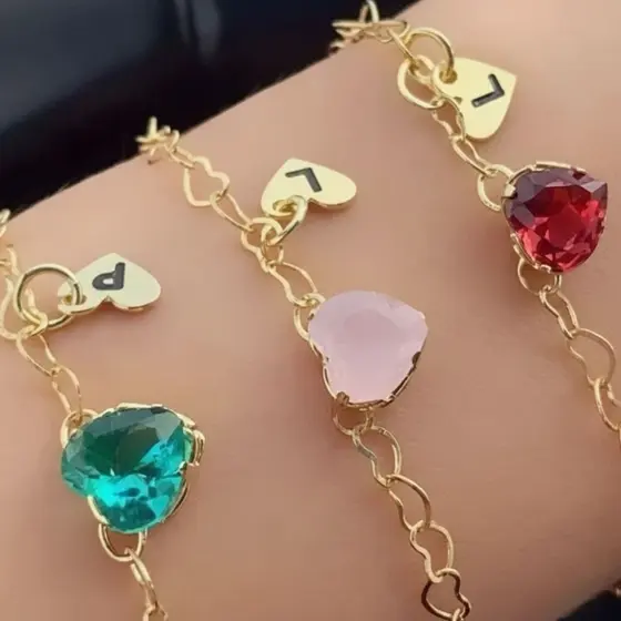 Kit 2 Pulseiras Madrinha Elos Coração Inicial A Sua Escolha folheado a ouro 18k