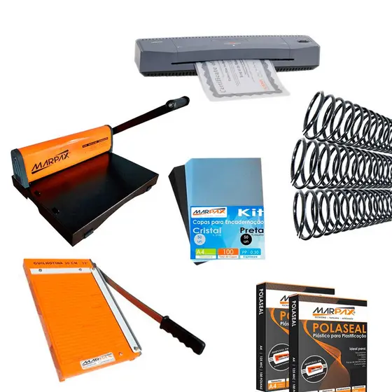 Kit Encadernadora, Guilhotina, Plastificadora, insumos 110v