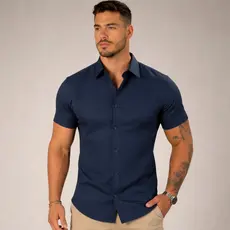 Camisa Social Masculina Slim Fit com Elastano – Manga Curta