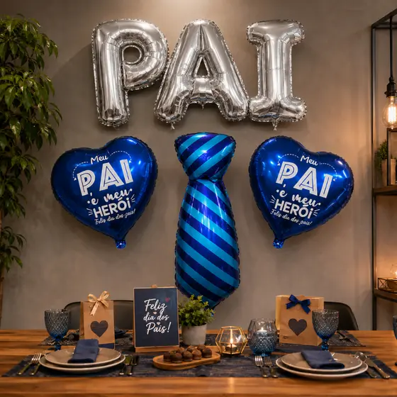 Kit Decoração Pai + 3 Balões Coração Gravata Festa