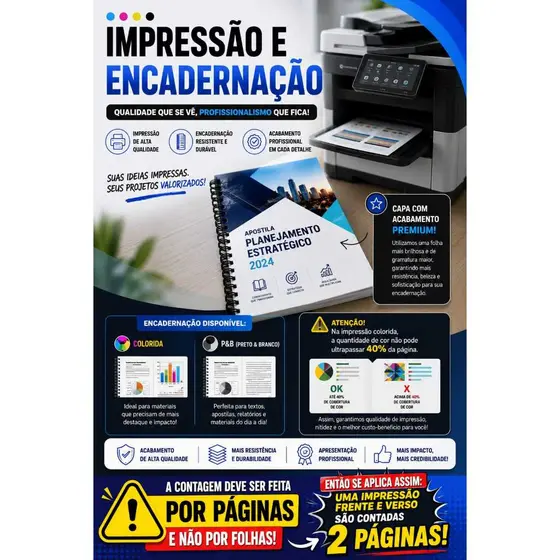 Impressão A4 Colorida Frente e Verso + Encadernação até 500 Páginas - Apostilas