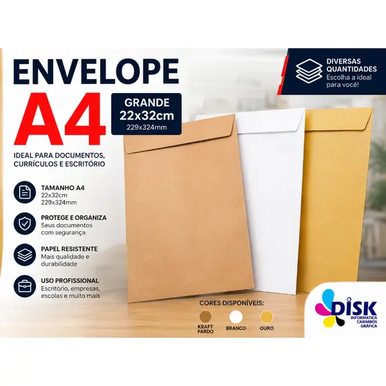 Envelope A4 Grande 22x32cm Kraft Pardo Branco Ouro para Documentos e Escritório