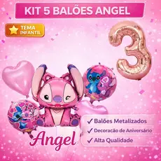 Balão Metalizado Stitch Rosa Angel Kit com 5 Peças + Número 40cm De Sua Escolha