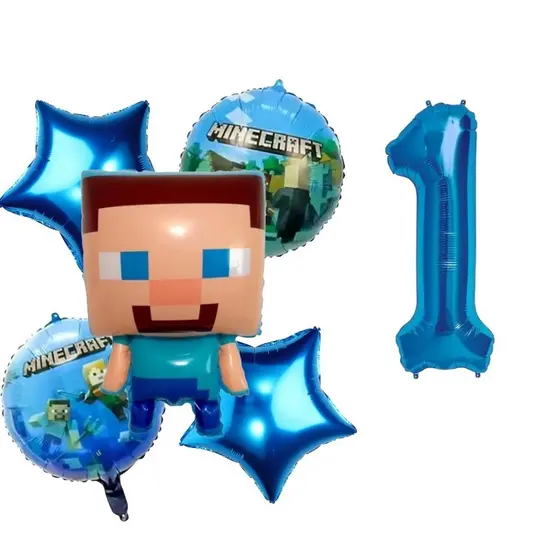 Kit 5 Balão Minecraft + Balão Redondo + Número + Estrela Metalizado