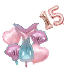 kit 5 Balões Metalizados Cauda de Sereia Coração e Concha + 1 ou 2 Números rose