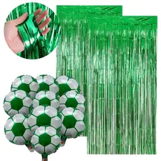 kit 2 Cortinas Metalizada Franja Verde + 10 Balões Bola de Futebol Branco e Verde