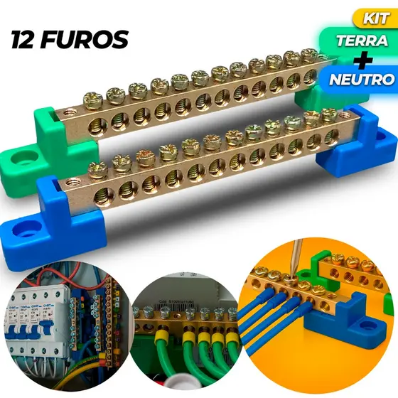 Kit Barramento Neutro e Terra 12 Furos Fixação Parafuso Barra Distribuição Borneira 12 Bornes Polos