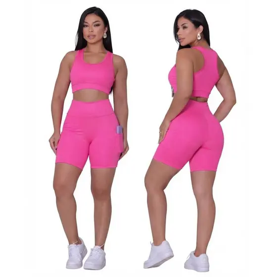 Conjunto de Academia Feminino Short com Bolso Celular Zero Transparência e Cintura Alta  Top com Forro Duplo