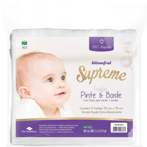 Kit Fralda 5 Unidades Pinte e Borde Supreme 70 cm x 70 cm Branca Incomfral