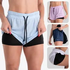 Shorts 2 em 1 Feminino Compressão Academia Caminhadas Corrida Bermuda Dupla Para Treino e Esportes