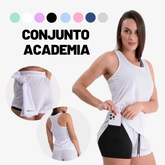 Conjunto Feminino Academia Regata Nadador e Short 2em1 com Bermuda compressão pra Exercício e Treino