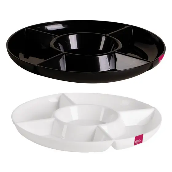 Petisqueira Rendonda 5 Divisórias Frios Queijos Amendoim Design Moderno - 28 e 33cm Branca e Preta