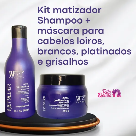 Kit Shampoo e Creme Máscara para Cabelos Brancos,Loiros, Grisalhos e Platinados WF Jet Silver 550ml
