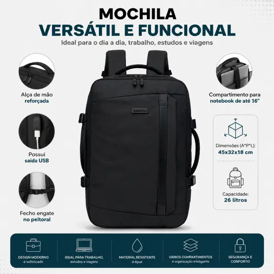 Mochila Executiva Masculina Polo One Notebook 16 USB Trabalho Faculdade 26L
