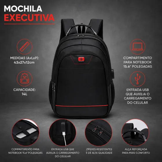 Mochila Executiva Masculina Swicky Notebook 15,6 Reforçada USB Trabalho Faculdade