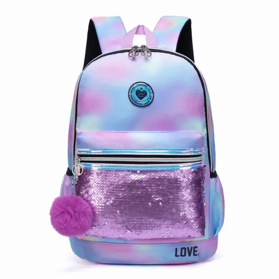 Mochila Bolsa Feminina Tie dye Desenho Juvenil Escolar Colorida Pompom