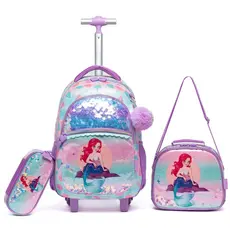 Kit Mochila Rodinha Feminina Sereia Desenho Moderna Juvenil Escolar Lancheira Térmica Estojo