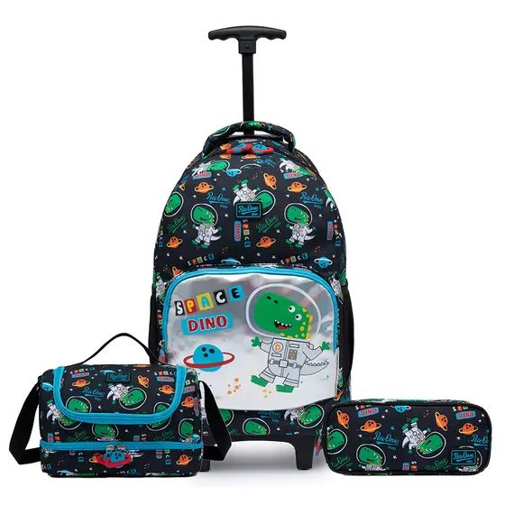 Kit Mochila de Rodinhas Dinossauro Infantil Polo One Lancheira Térmica Estojo