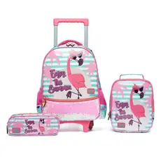 Kit Mochila Escolar Feminina Flamingo Rodinhas Polo One Infantil Lancheira Térmica Estojo Resistente