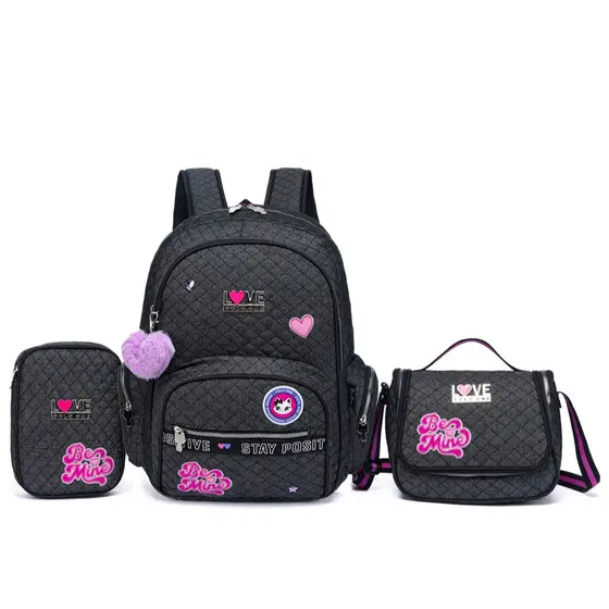 Kit Mochila Escolar Feminina Jeans Brilho Lancheira Térmica Estojo