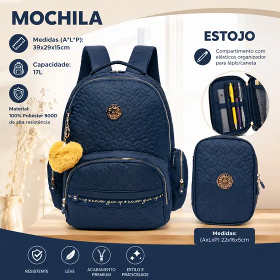 Kit Mochila Estojo Feminina Faculdade Resistente Casual Azul Escolar
