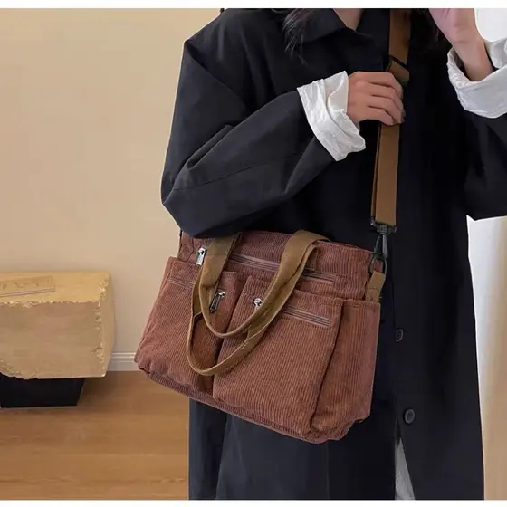 (0326)Bolsa feminina de veludo cotelê estilo coreano, grande capacidade e muitos bolsos