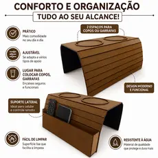 Esteira Suporte Porta Copos Braço Sofa Bandeja Decoração Sofá e Sala Escritório
