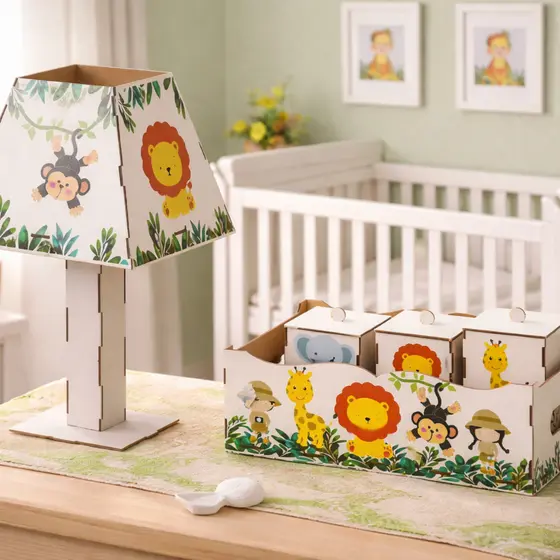Kit Higiene Bebê safari 5 Pç Mdf Mult uso adesivado novidade Pronta Entrega promoção