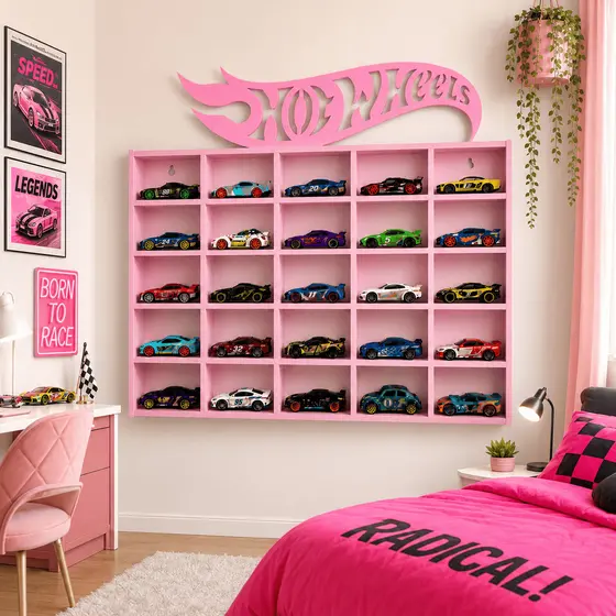 Lançamento Expositor Rosa para 25 Carrinhos Hot Wheels | Organizador MDF Colecionador