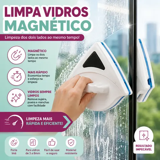 Limpa Vidros Magnético Com Super Ímã - Rodo Mágico Dupla Face - kaftor