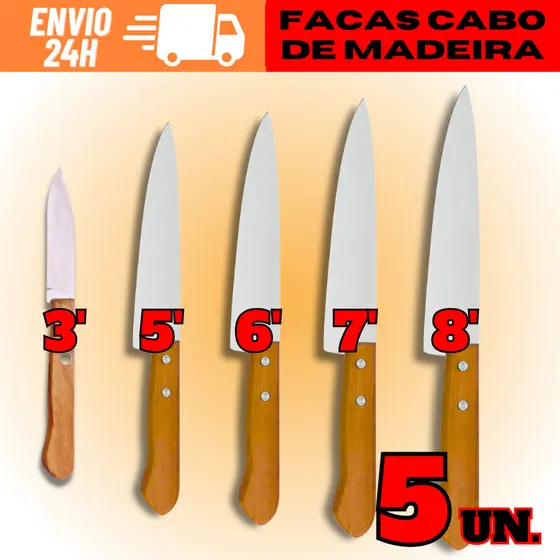 KIT 5 Facas De Aço Com Cabo De Madeira N°8 Nº7 Nº6 Nº5 Nº3 Envio Rápido