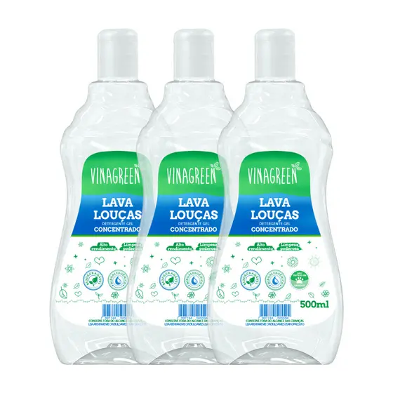 3 Detergente Gel Hipoalergênico P/ Pele Sensível Alérgica Vinagreen 500ml Alto Rendimento Limpeza
