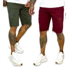 kit 2 bermudas masculinas verde e vermelho destroyed skinny 100% algodão promoção