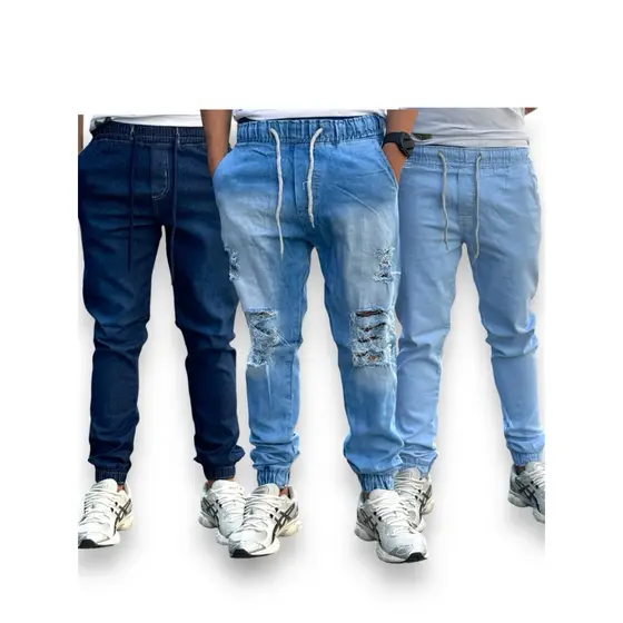 kit 3 calça jogger modelos variados rasgada e lisa lavagem moderna jeans premium