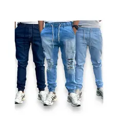 kit 3 calça jogger modelos variados rasgada e lisa lavagem moderna jeans premium