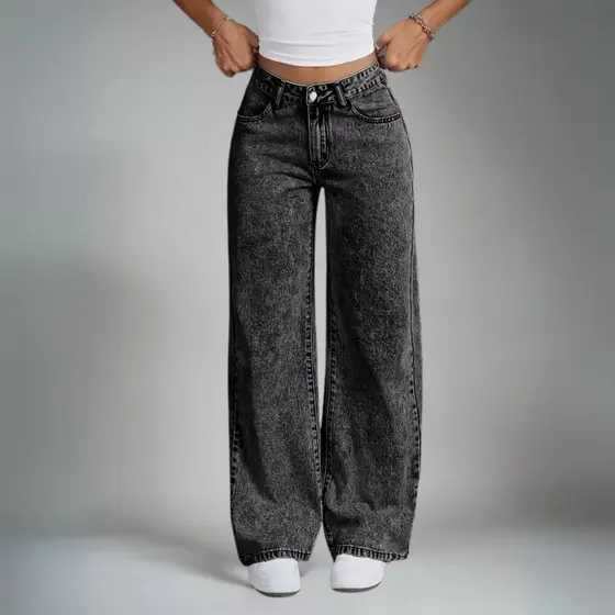"Calça Jeans Wide Leg Grafite - Cintura Alta com Efeito Empina Bumbum | Super Tendência