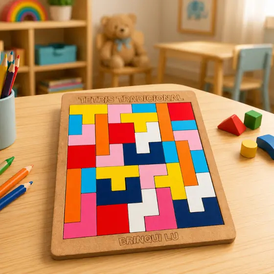 Jogo de Tabuleiro Tetris Educativo Brinquedo Pedagógico Colorido em MDF Sensorial