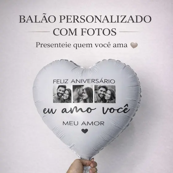 PERSONALIZADO| Balão de Coração ADESIVADO com foto + VARETA Metalizado Aniversário Presente e Surpresa Dia dos Pais