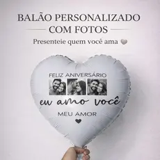 PERSONALIZADO| Balão de Coração ADESIVADO com foto + VARETA Metalizado Aniversário Presente e Surpresa Dia dos Pais