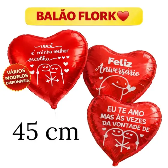 1 Balão de Coração Flork 45cm + VARETA 18 polegadas Metalizado |Balões presente para namorado presente dia dos namorados
