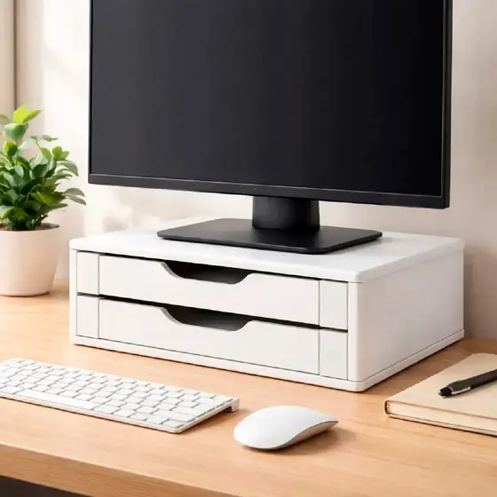Suporte Para Monitor De Mesa Em Mdf Branco Com 2 Gavetas Brancas Souza Referência 3340