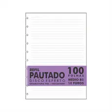 Refil Genérico Pautado Compatível Cadernos de Discos e Inteligente 100 Folhas Médio B5 10 Furos 90g