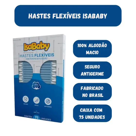 Kit 1050 Unidades Hastes Flexíveis IsaBaby 14 CAIXAS com 75 Cotonetes Com Pontas Algodão Natural Antigerme Uso Diário