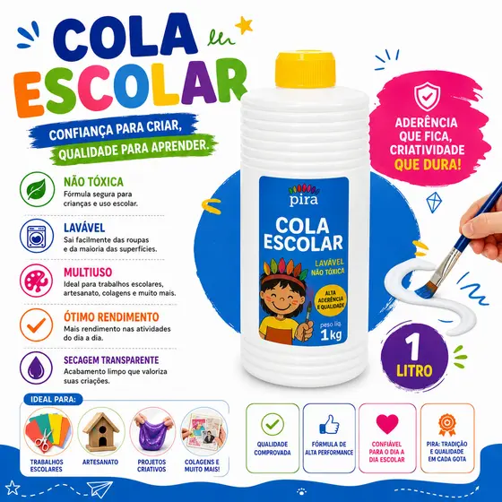 KIT 2/3/4/5/6  Colas Liquida Branca 1kg Escolar  PVA